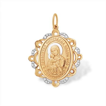 Подвеска “Православная” из красного золота 585 с фианитами Федоровская Божья Матерь