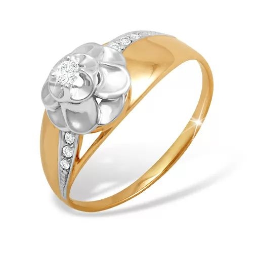 Кольцо из красного золота 585 с 7  бриллиантами, 0,106 карат, розочка 