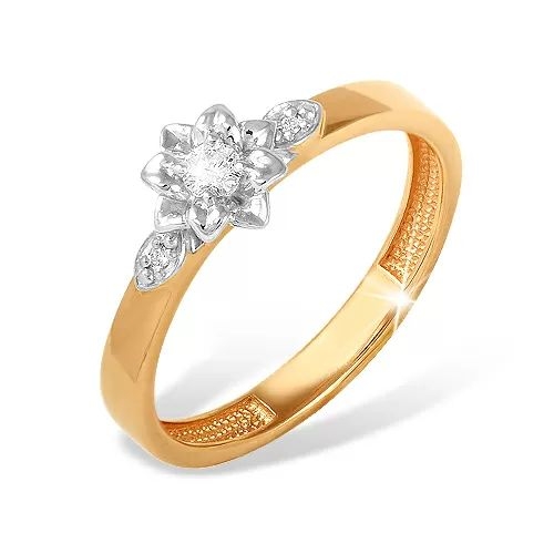Кольцо из красного золота 585 с 3  бриллиантами, 0,078 карат, цветочек 