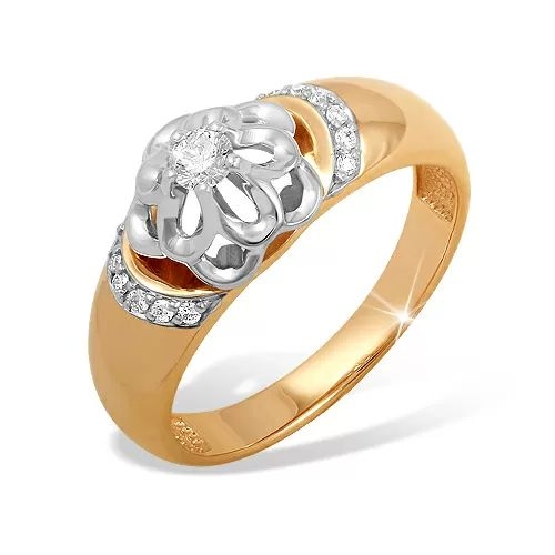 Кольцо из красного золота 585 с 13  бриллиантами, 0,188 карат, розочка 