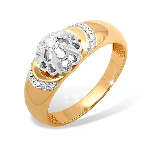 Кольцо из красного золота 585 с 13  бриллиантами, 0,118 карат, розочка 