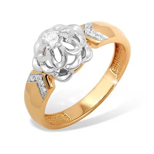 Кольцо из красного золота 585 с 9  бриллиантами, 0,172 карат, розочка 