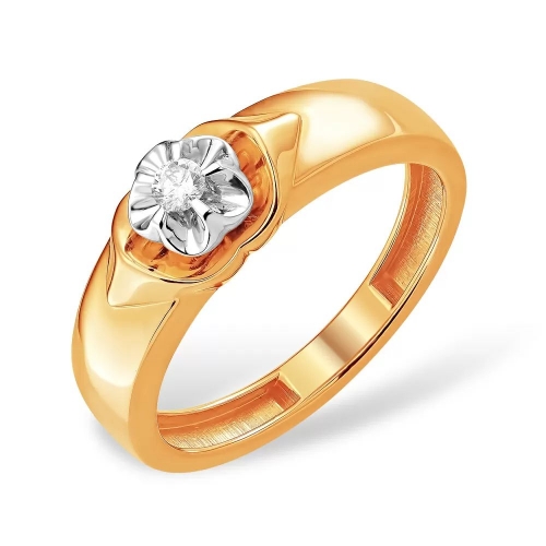 Кольцо из красного золота 585 с 1 бриллиантом, 0,059 карат, цветочек 