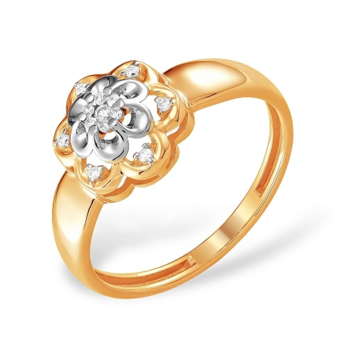 Кольцо из красного золота 585 с 13  бриллиантами, 0,074 карат, розочка, малинка