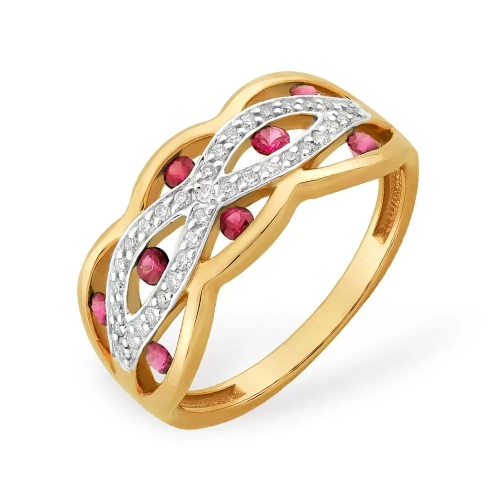 Кольцо из красного золота 585 с бриллиантами, рубинами, фантазийное, дорожка 