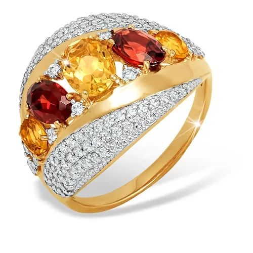Кольцо из красного золота 585 с гранатами, фианитами, цитринами 