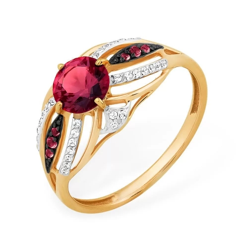 Кольцо из красного золота 585 с бриллиантами, рубин корунд синт 