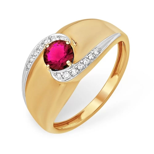 Кольцо из красного золота 585 с бриллиантами, рубинами ГТ, широкое 