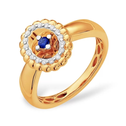 Кольцо из красного золота 585 с бриллиантами, сапфирами ГТ 