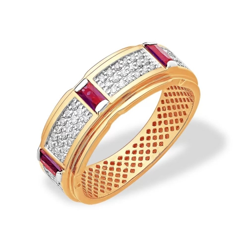 Кольцо из красного золота 585 с бриллиантами, рубинами ГТ, дорожка 