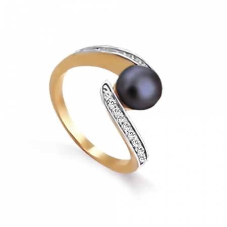 Т148011397 золотое кольцо с черным жемчугом и фианитами