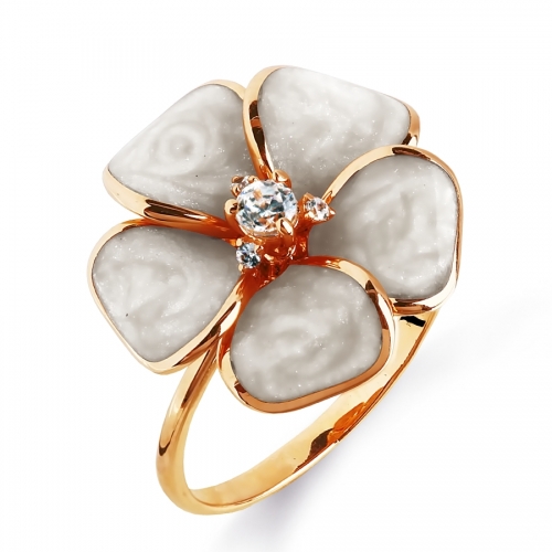 Ювелирный завод Топаз Золотое кольцо Цветок с эмалью, фианитами