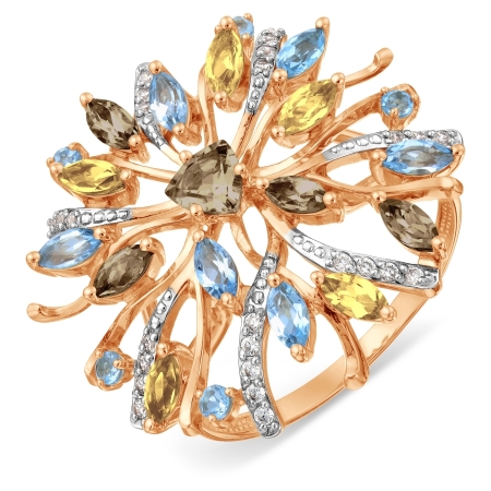 Т143018060-01 золотое кольцо с раухтопазами, топазами, цитринами и фианитами