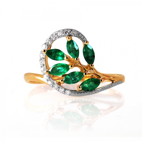 Золотое кольцо Листья с изумрудом, бриллиантами