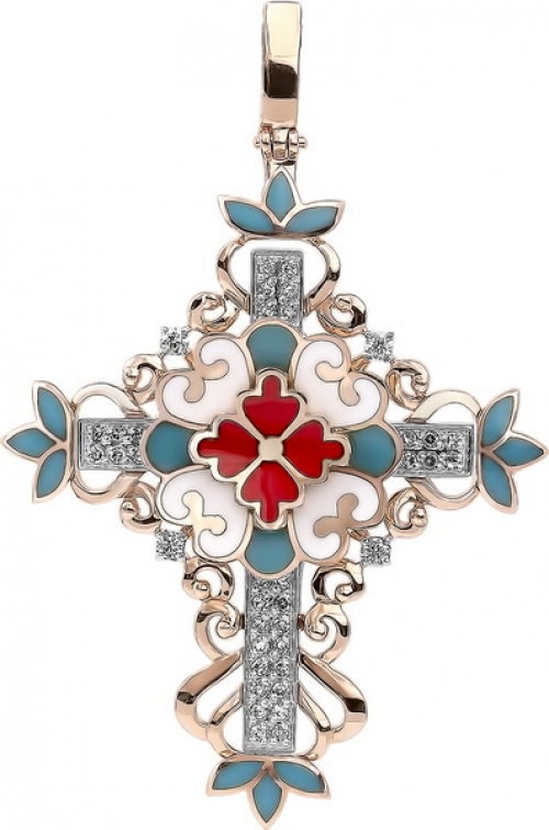 Крест из красного золота 585 пробы с бриллиантами