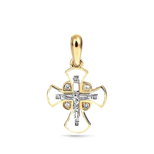 Крест из желтого/лимонного золота 750 пробы с бриллиантами и эмалью