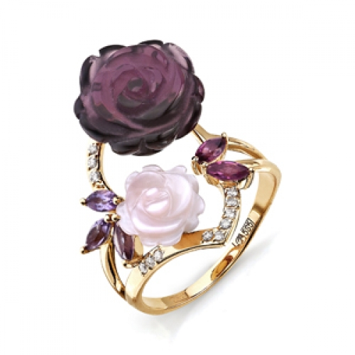 Золотое кольцо Розы с аметистами, родолитами, перламутром, фианитами
