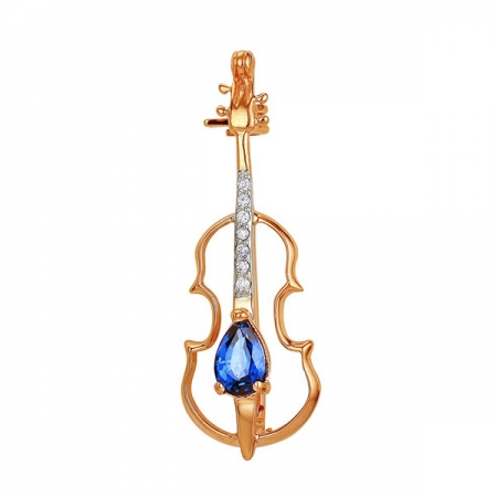 Золотая брошка Скрипка с сапфиром и бриллиантами