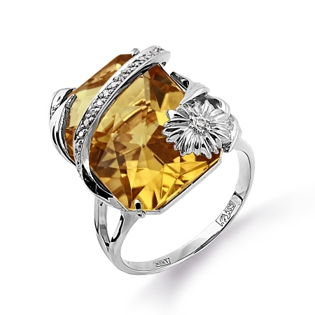 Кольцо из белого золота с кварцем, бриллиантами