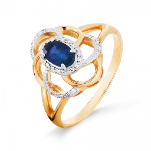 Ювелирный завод Топаз Золотое кольцо Цветок с сапфиром, бриллиантами
