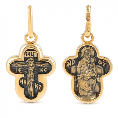 Крест двухсторонний «Распятие» Образ Божией Матери «Всецарица» из жёлтого золота
