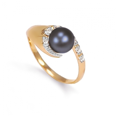 Т148012447 золотое кольцо с черным жемчугом, фианитами