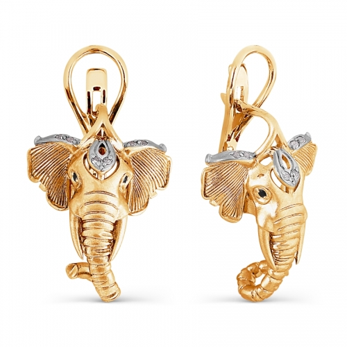 Золотые серьги в виде слона с бриллиантами