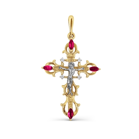 Крестик из желтого золота с рубином и бриллиантом