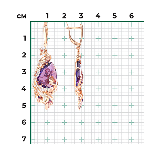 Серьги «Жар-птицы» с английским замком из красного золота с аметистом, натуральными топазами white и эмалью