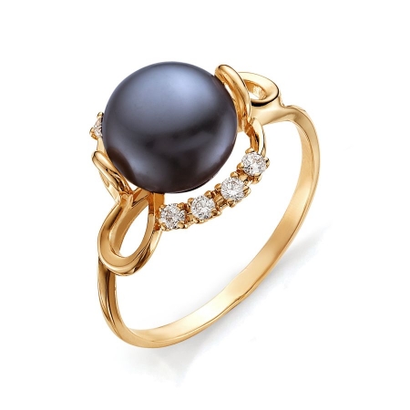 Т108013538 золотое кольцо с черным жемчугом и фианитами