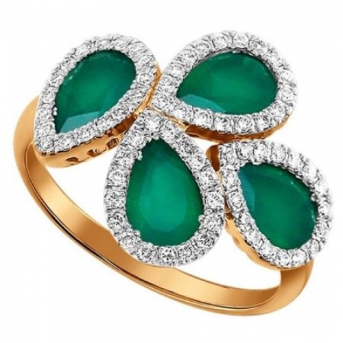 Кольцо из красного золота с бриллиантами и зелёными агатами