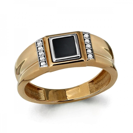 Т-21064 мужское золотое кольцо с эмалью и фианитами