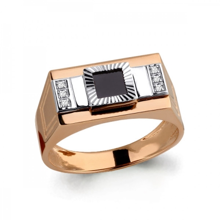 Т-21067 мужское золотое кольцо с эмалью и фианитами