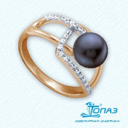 Т148011776-1 золотое кольцо с черным жемчугом и фианитами