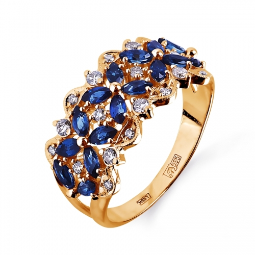Золотое кольцо Цветы с сапфирами, бриллиантами