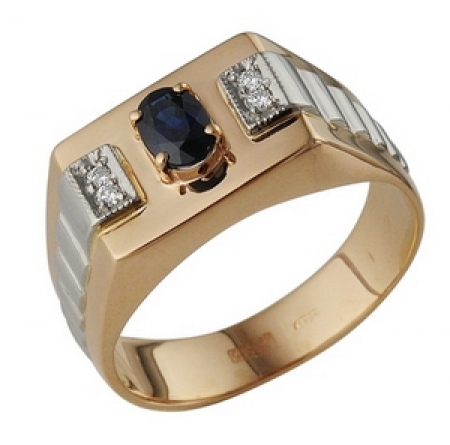 Т-12919 мужское золотое кольцо с сапфиром и бриллиантами