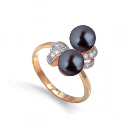 Т148011368 золотое кольцо с черным жемчугом и фианитами