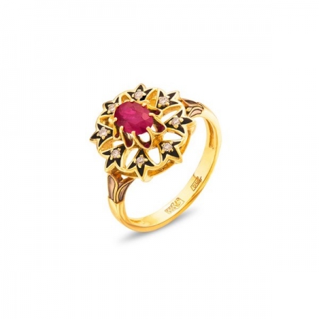Кольцо из жёлтого золота 585 пробы с бриллиантами, рубином, эмалью 