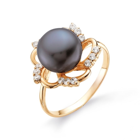 Т108013559 золотое кольцо с черным жемчугом и фианитами