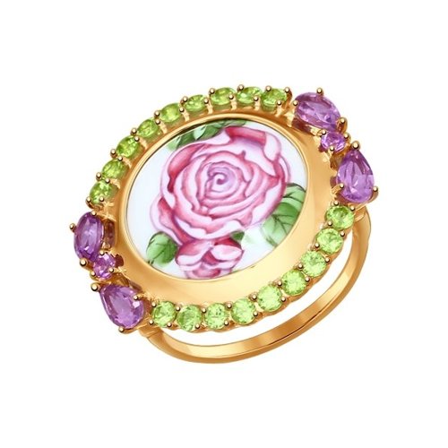 SOKOLOV Золотое кольцо с цветами (Аметист, Хризолит) SOKOLOV