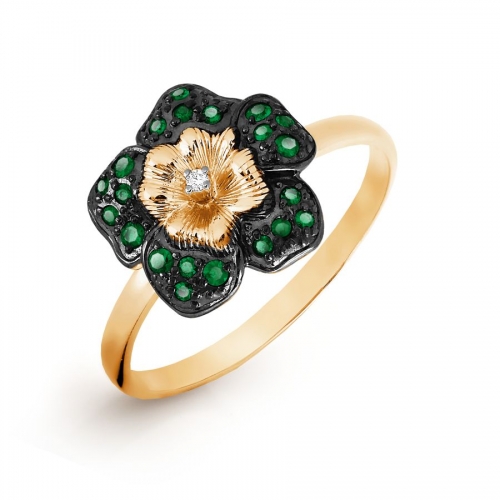 Ювелирный завод Топаз Золотое кольцо Цветок с изумрудом, бриллиантом