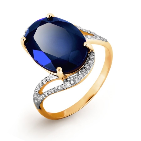 Золотое кольцо с бриллиантами, сапфиром выращенным