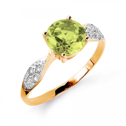 Золотое кольцо с хризолитом и бриллиантом