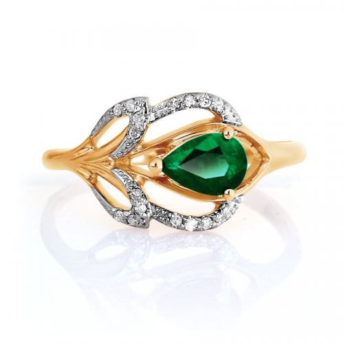 Золотое кольцо Перо с изумрудом, бриллиантами
