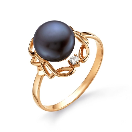 Т108013547 золотое кольцо с черным жемчугом и фианитами