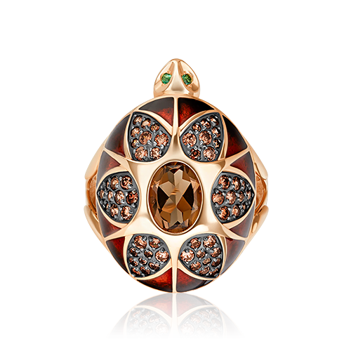 Кольцо «Черепаха» из красного золота с кварцем дымчатым, фианитами и эмалью