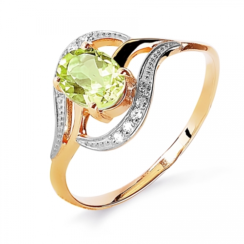 Золотое кольцо с хризолитом и бриллиантом