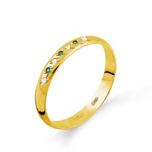 Кольцо обручальное из желтого золота с изумрудом, бриллиантами