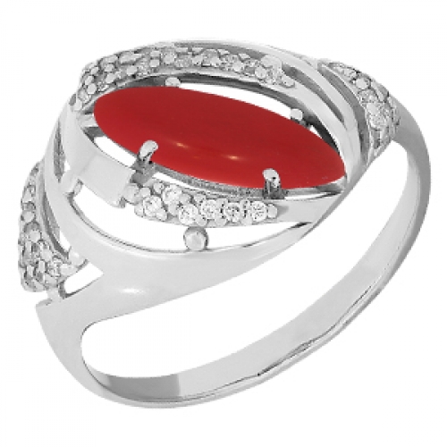 Женское кольцо из серебра 925 пробы c кораллом и фианитами
