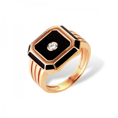 Кольцо-печатка из золота с бриллиантом, фианитом, эмалью